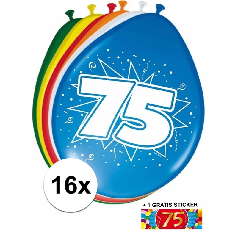 Feestartikelen 75 jaar ballonnen 16x + sticker