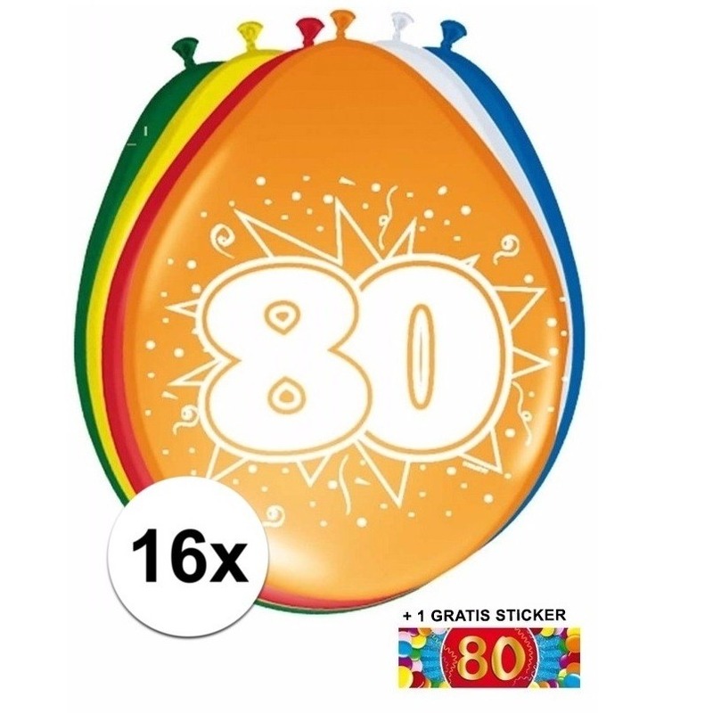 Feestartikelen 80 jaar ballonnen 16x + sticker