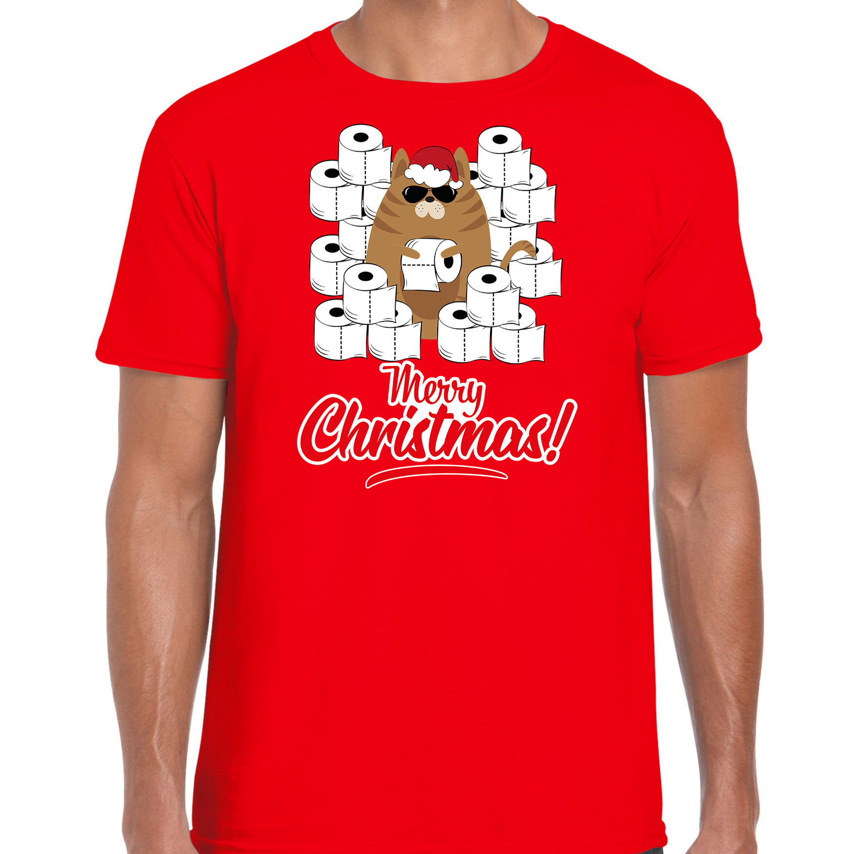 Fout Kerst t-shirt - outfit met hamsterende kat Merry Christmas rood voor heren