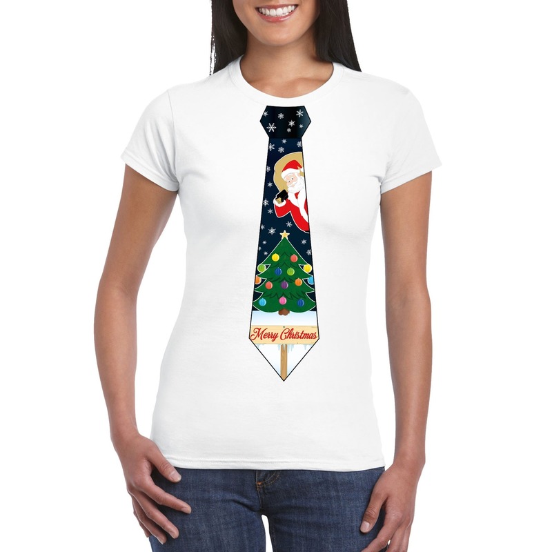 Fout kerst t-shirt wit met kerstboom stropdas voor dames