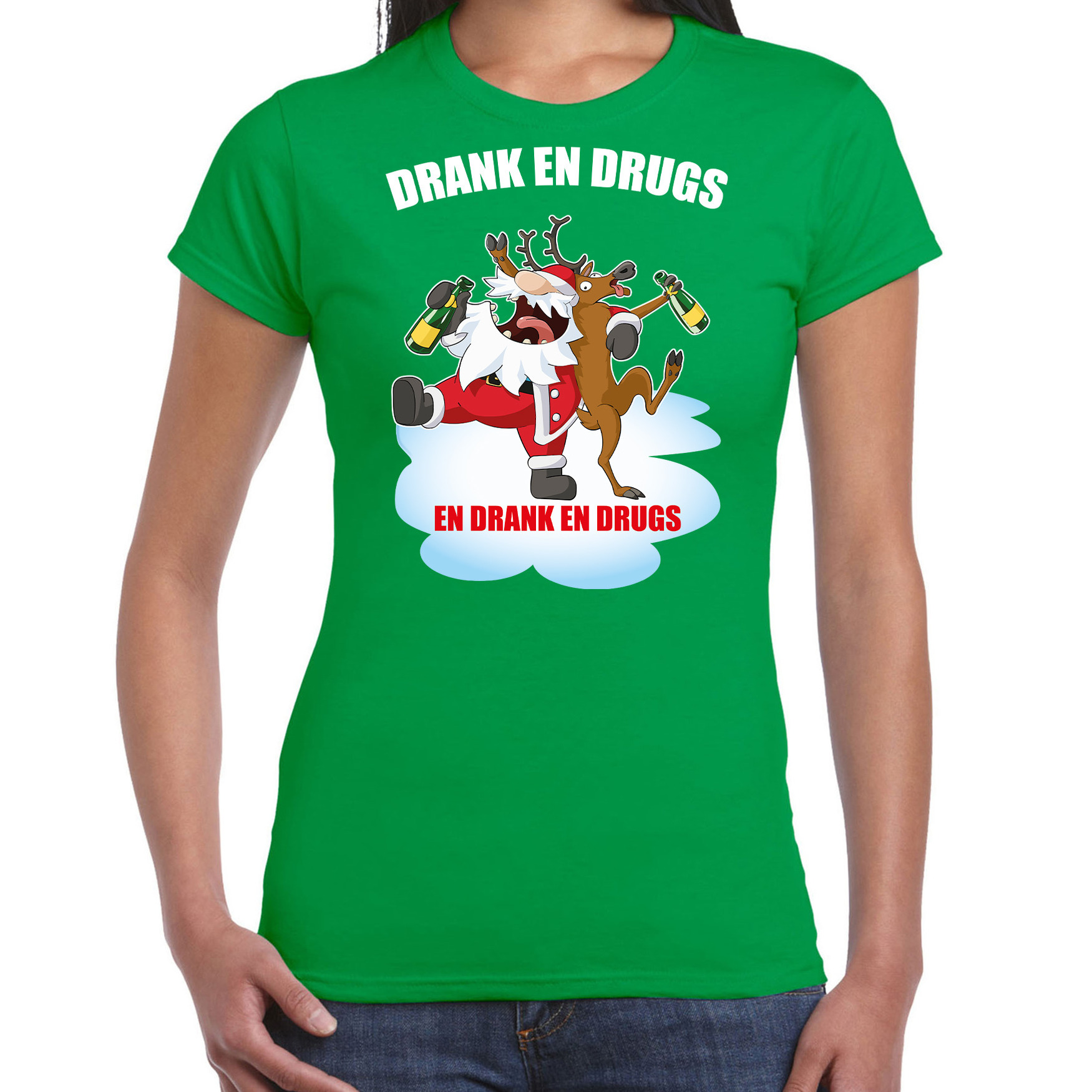 Fout Kerstshirt - outfit Drank en drugs groen voor dames