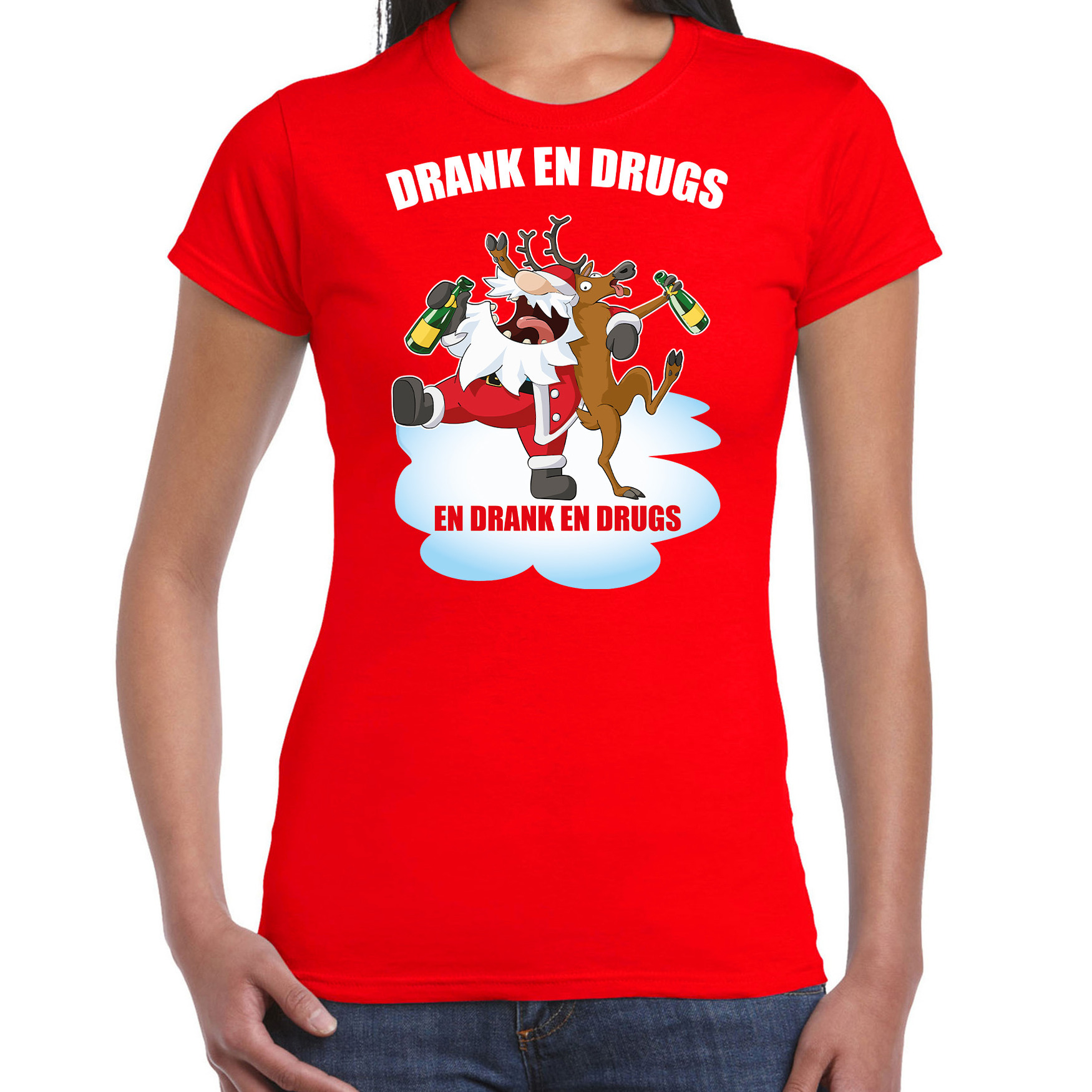 Fout Kerstshirt - outfit Drank en drugs rood voor dames