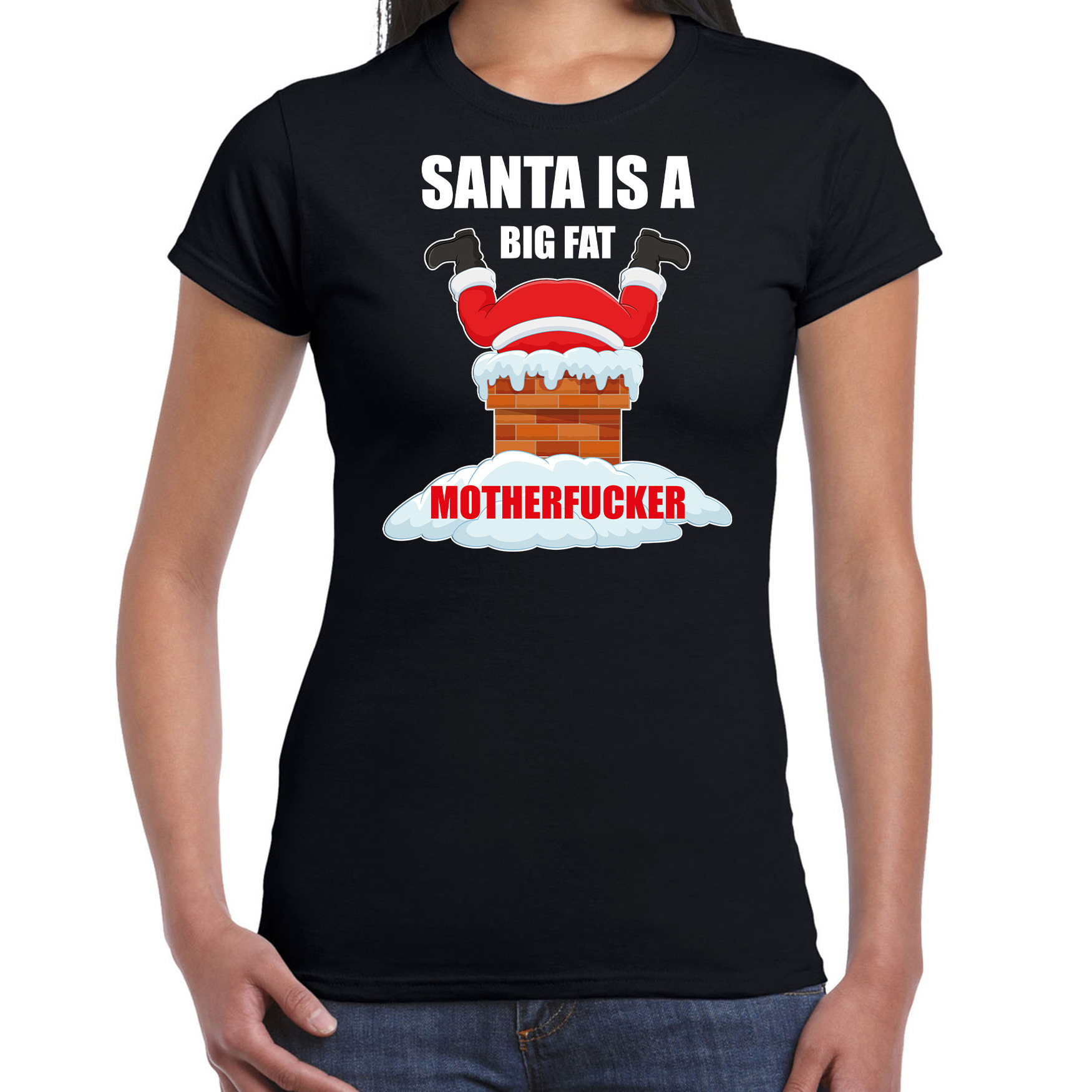 Fout Kerstshirt - outfit Santa is a big fat motherfucker zwart voor dames