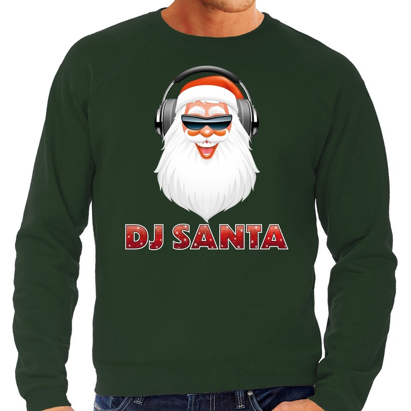 Foute Kersttrui DJ santa met koptelefoon groen voor heren