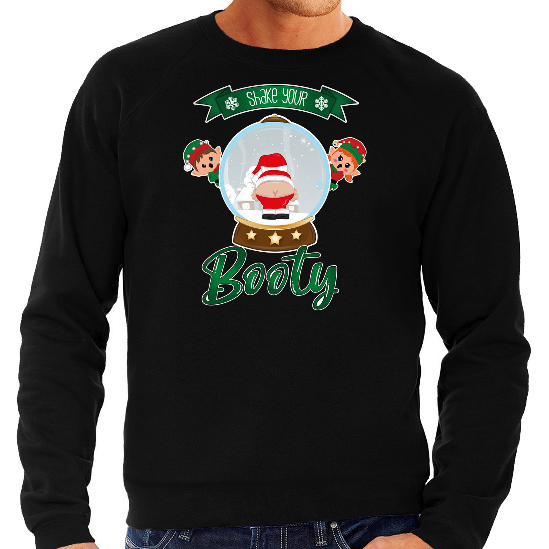 Foute Kersttrui-sweater voor heren Kerstman sneeuwbol zwart Shake Your Booty