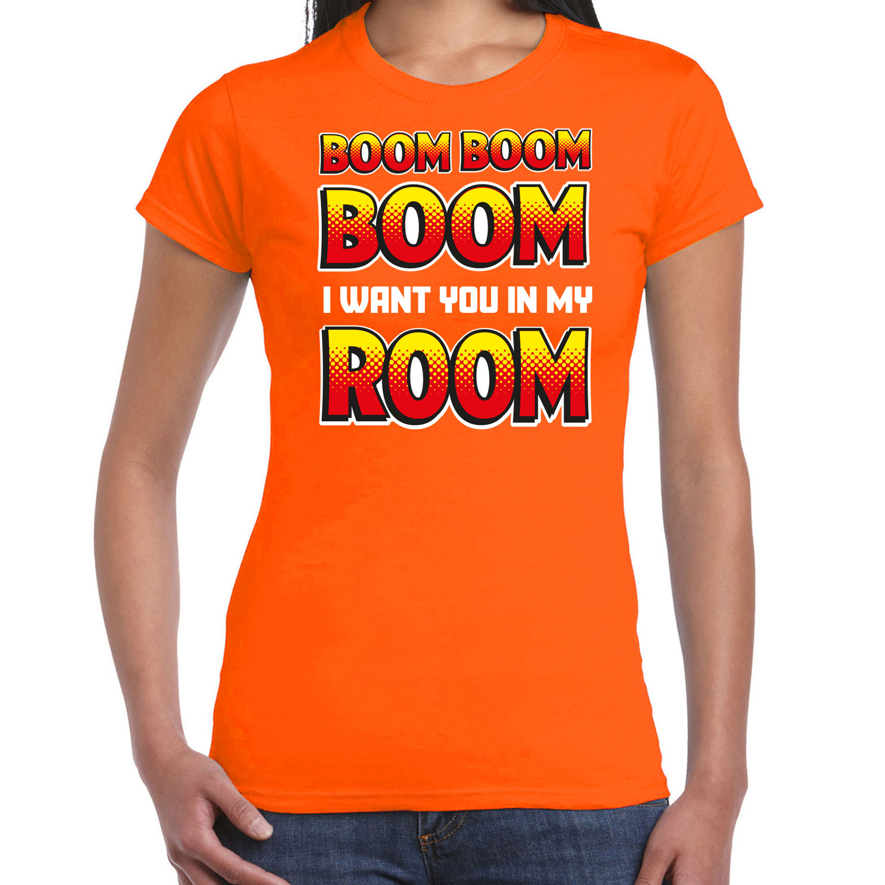 Foute party t-shirt voor dames Boom boom boom i want you in my room oranje carnaval-themafeest