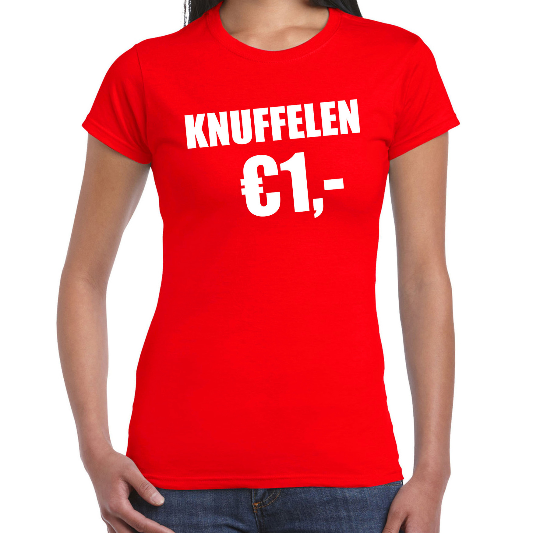 Fun t-shirt knuffelen 1 euro rood voor dames