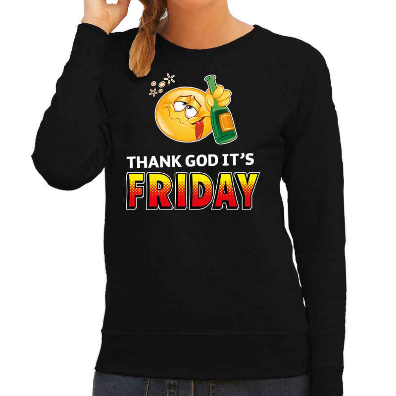 Funny emoticon sweater Thank God its friday zwart dames