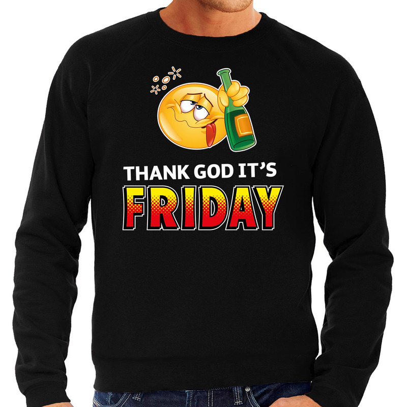 Funny emoticon sweater Thank God its friday zwart heren