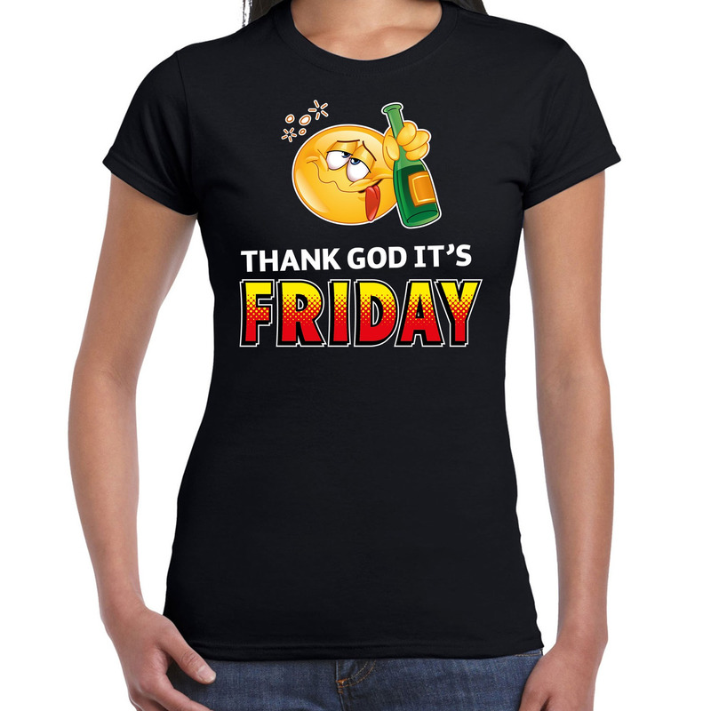 Funny emoticon t-shirt thank God its friday zwart dames
