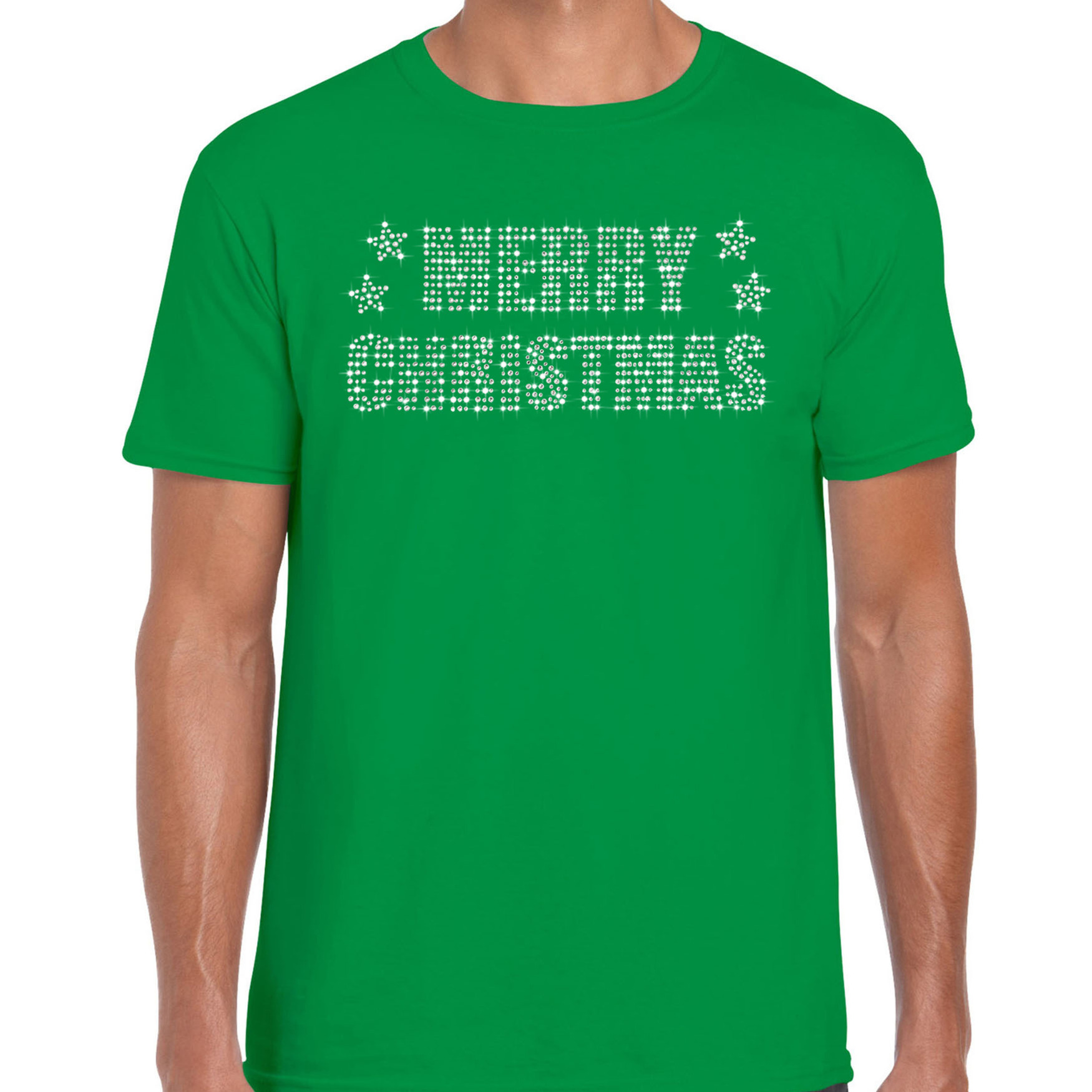 Glitter kerst t-shirt groen Merry Christmas glitter steentjes voor heren - Glitter kerst shirt