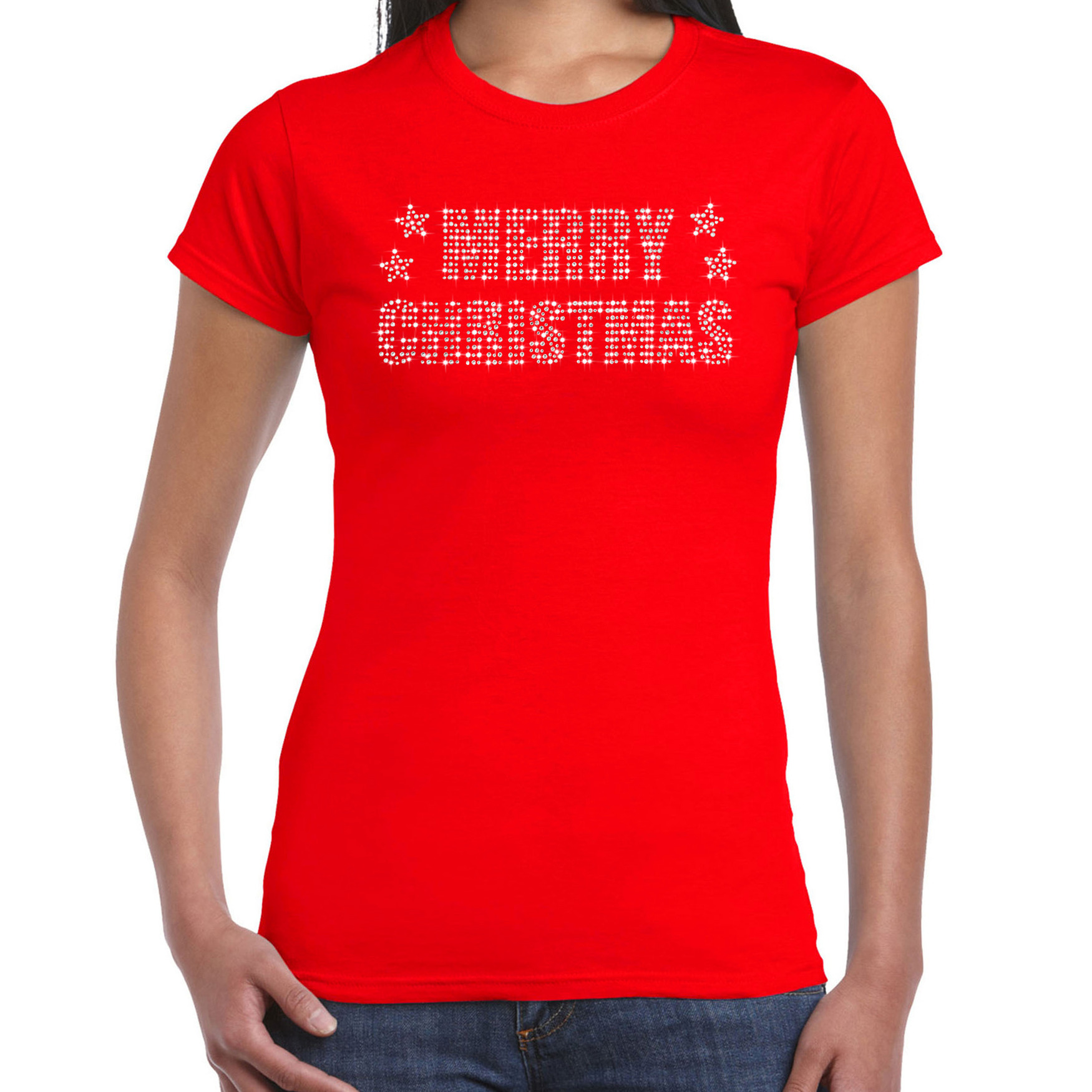 Glitter kerst t-shirt rood Merry Christmas glitter steentjes voor dames - Glitter kerst shirt