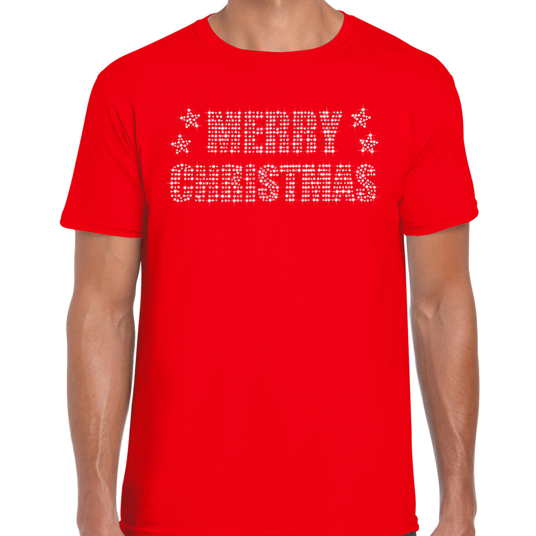 Glitter kerst t-shirt rood Merry Christmas glitter steentjes voor heren - Glitter kerst shirt