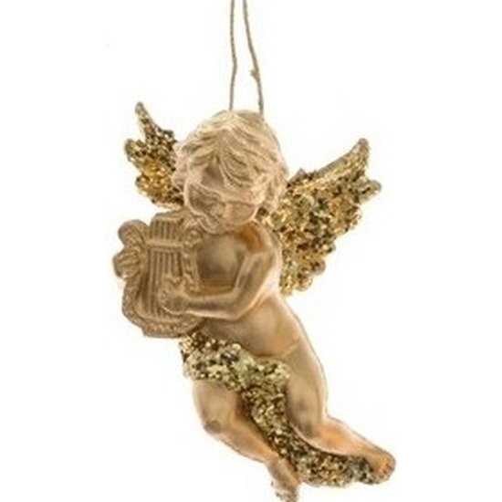Gouden engel met harp kerstversiering hangdecoratie 10 cm