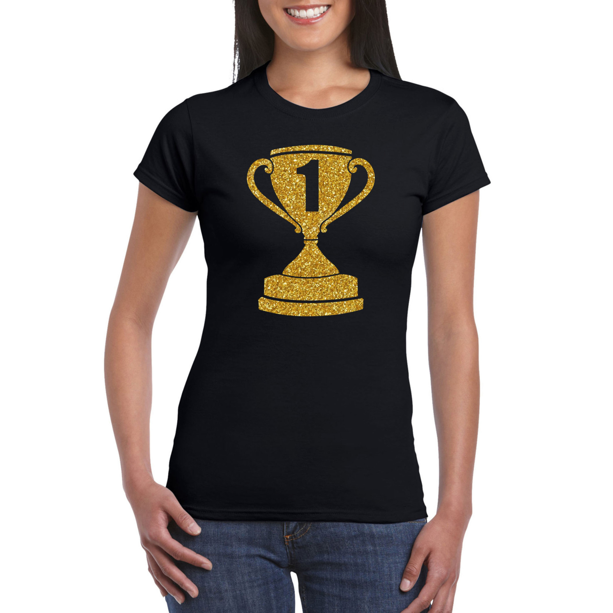Gouden kampioens beker-nummer 1 t-shirt-kleding zwart dames