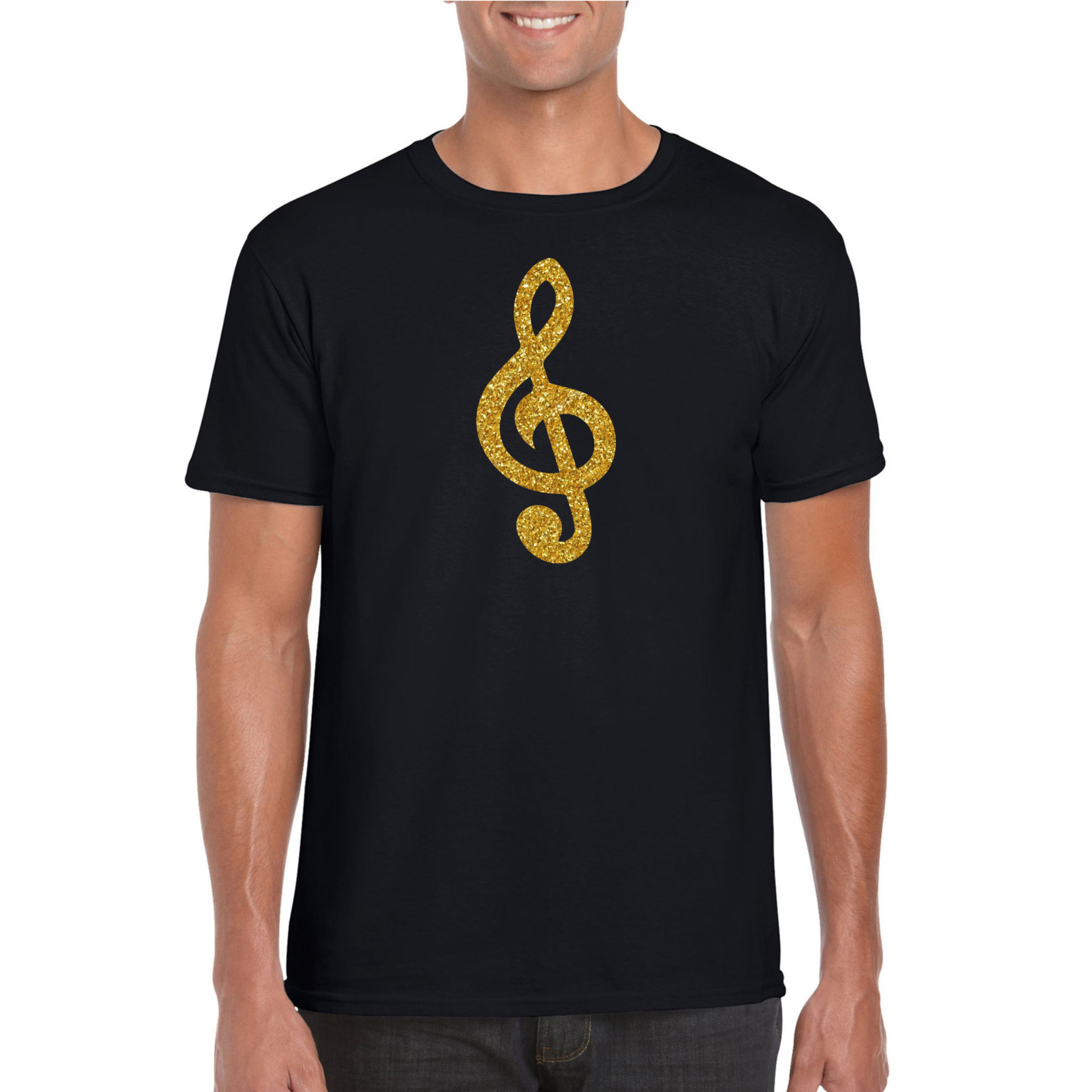 Gouden muziek noot G-sleutel-muziek feest t-shirt-kleding zwart heren