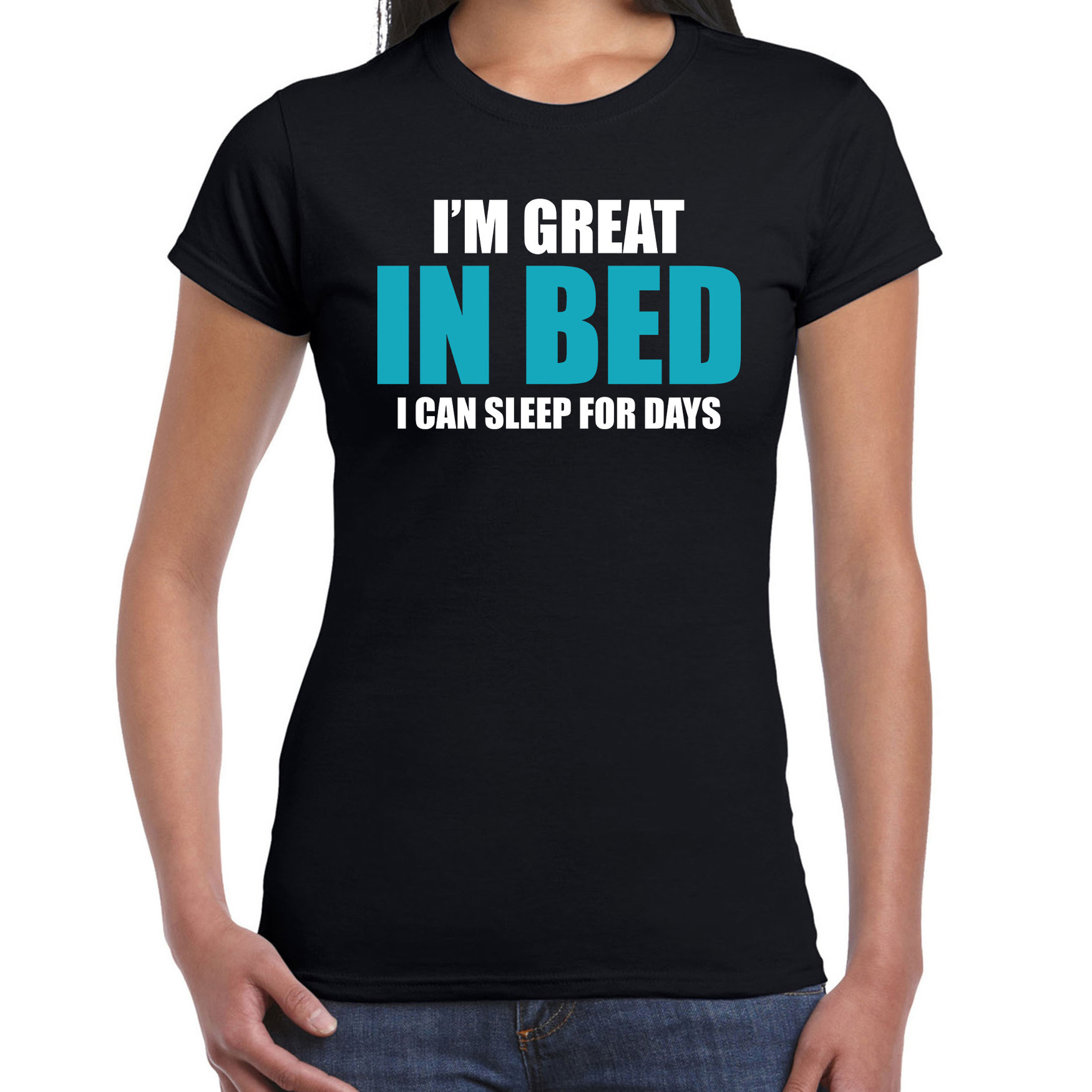 Great in bed / Geweldig in bed fun tekst pyjama shirt zwart dames - Grappig slaapshirt / kleding