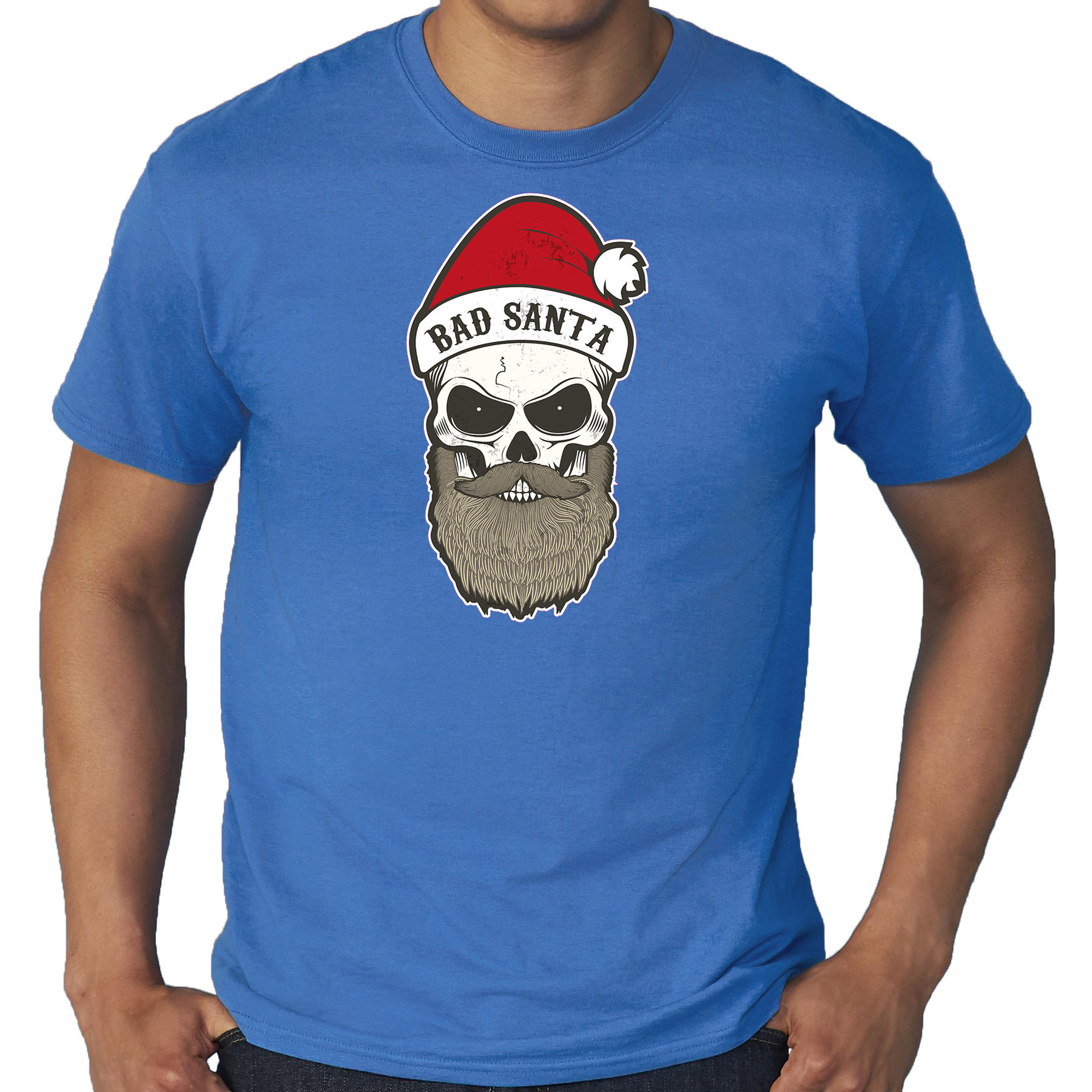 Grote maten Bad Santa fout Kerstshirt - outfit blauw voor heren