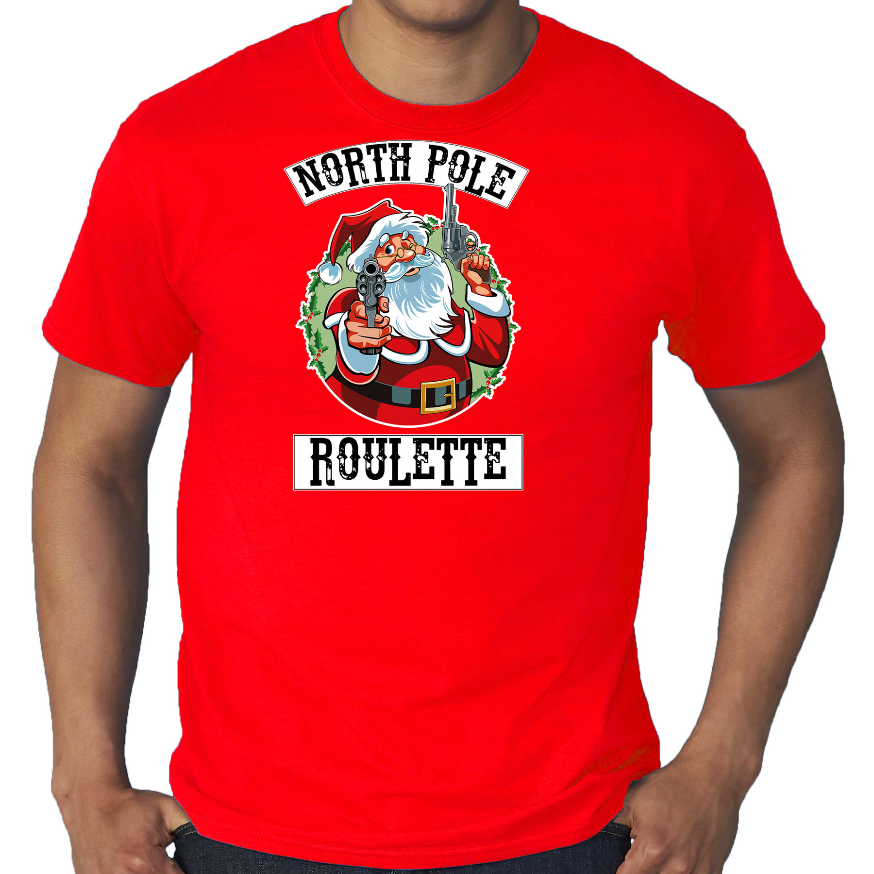 Grote maten fout Kerstshirt - outfit Northpole roulette rood voor heren