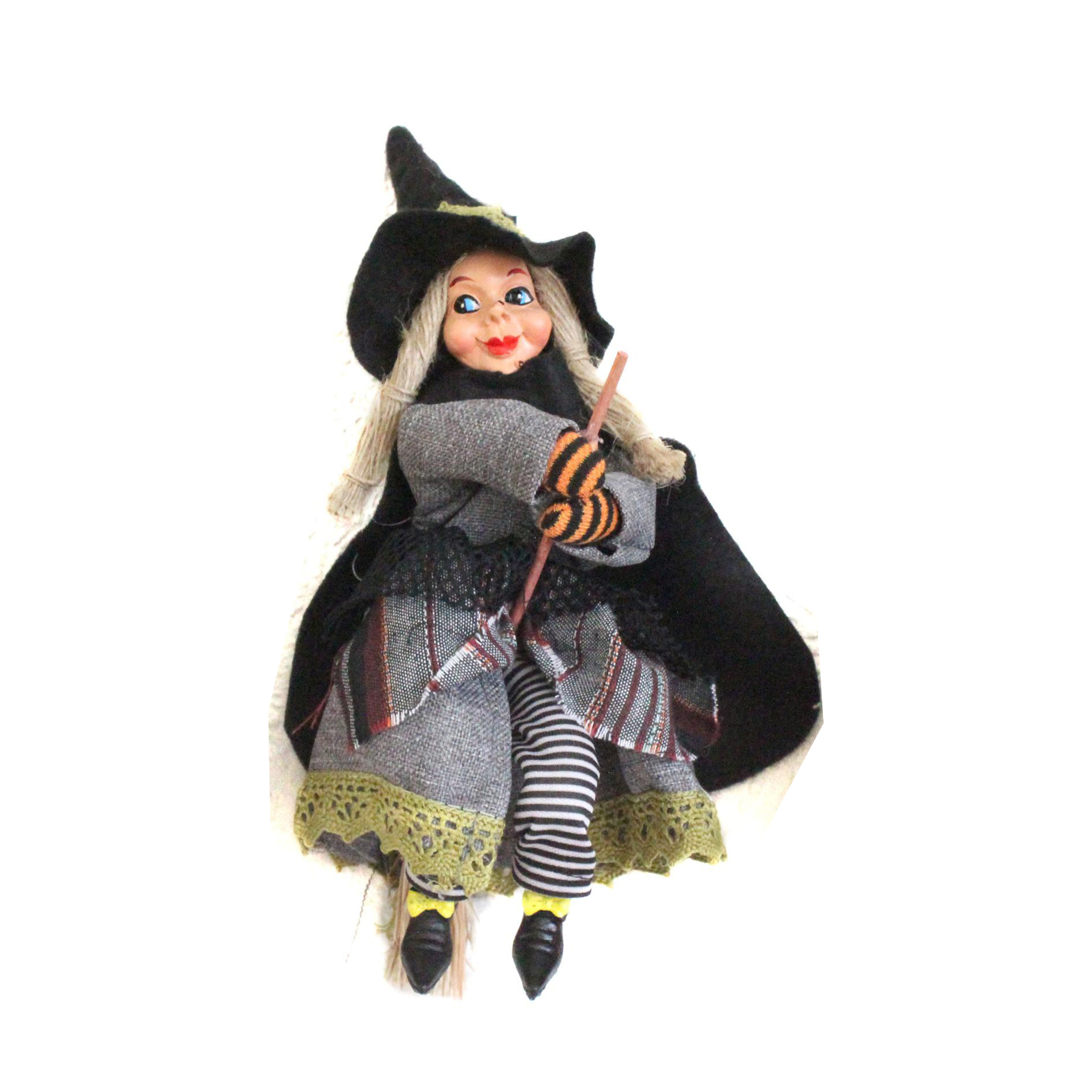Halloween decoratie heksen pop op bezem 20 cm zwart-grijs