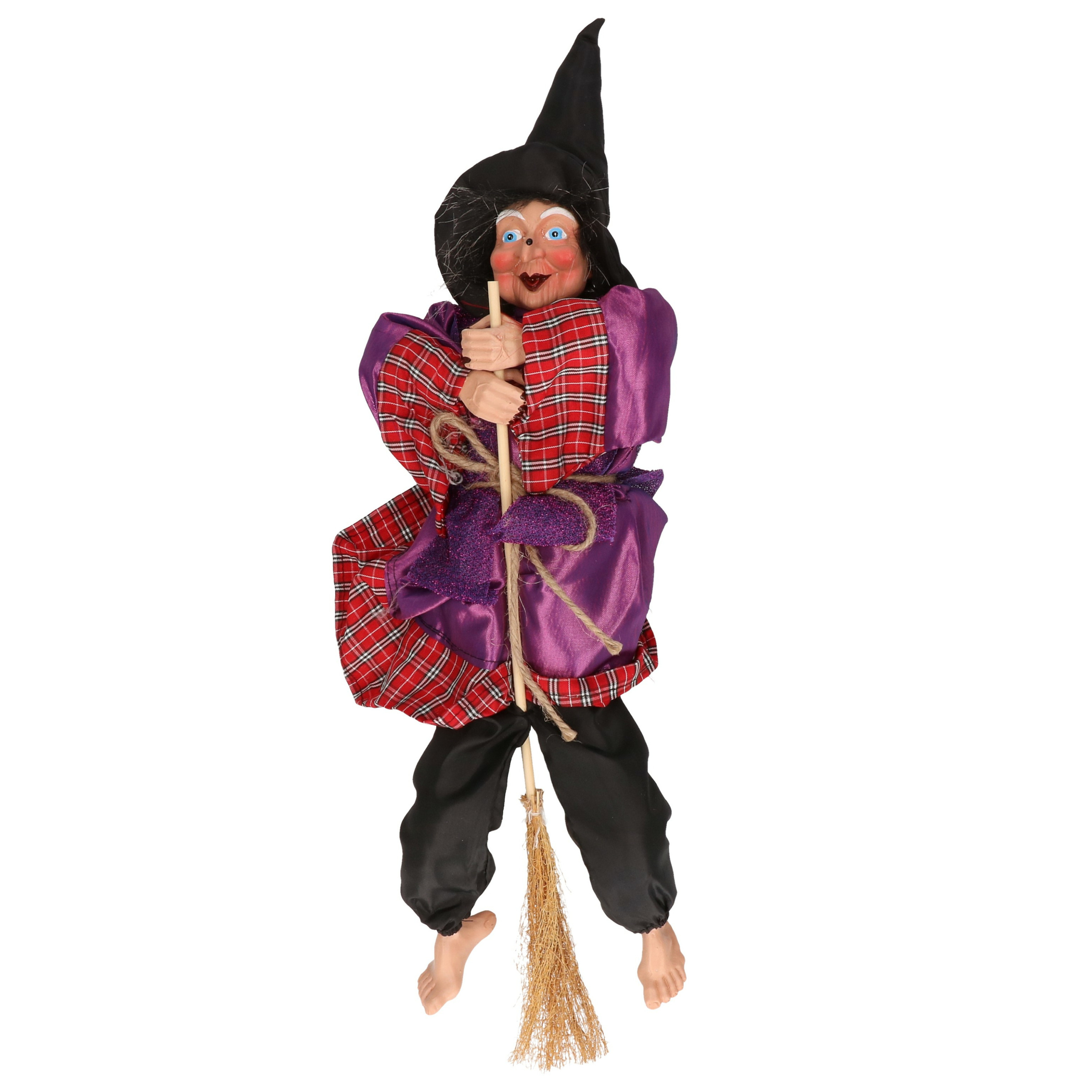 Halloween decoratie heksen pop op bezem 44 cm paars-rood