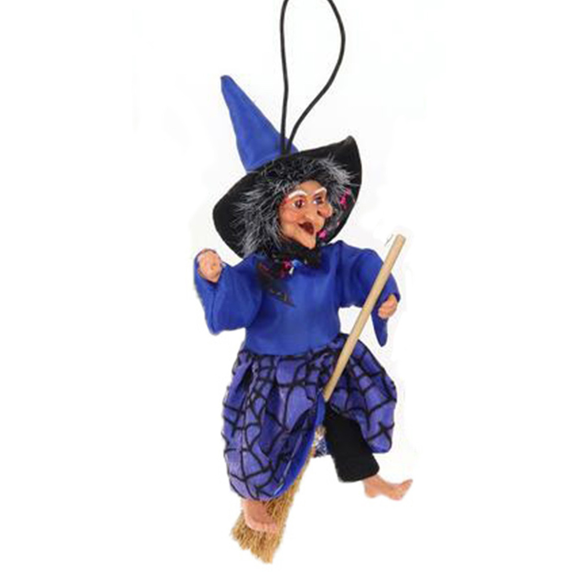 Halloween decoratie heksen pop vliegend op bezem 10 cm zwart-blauw