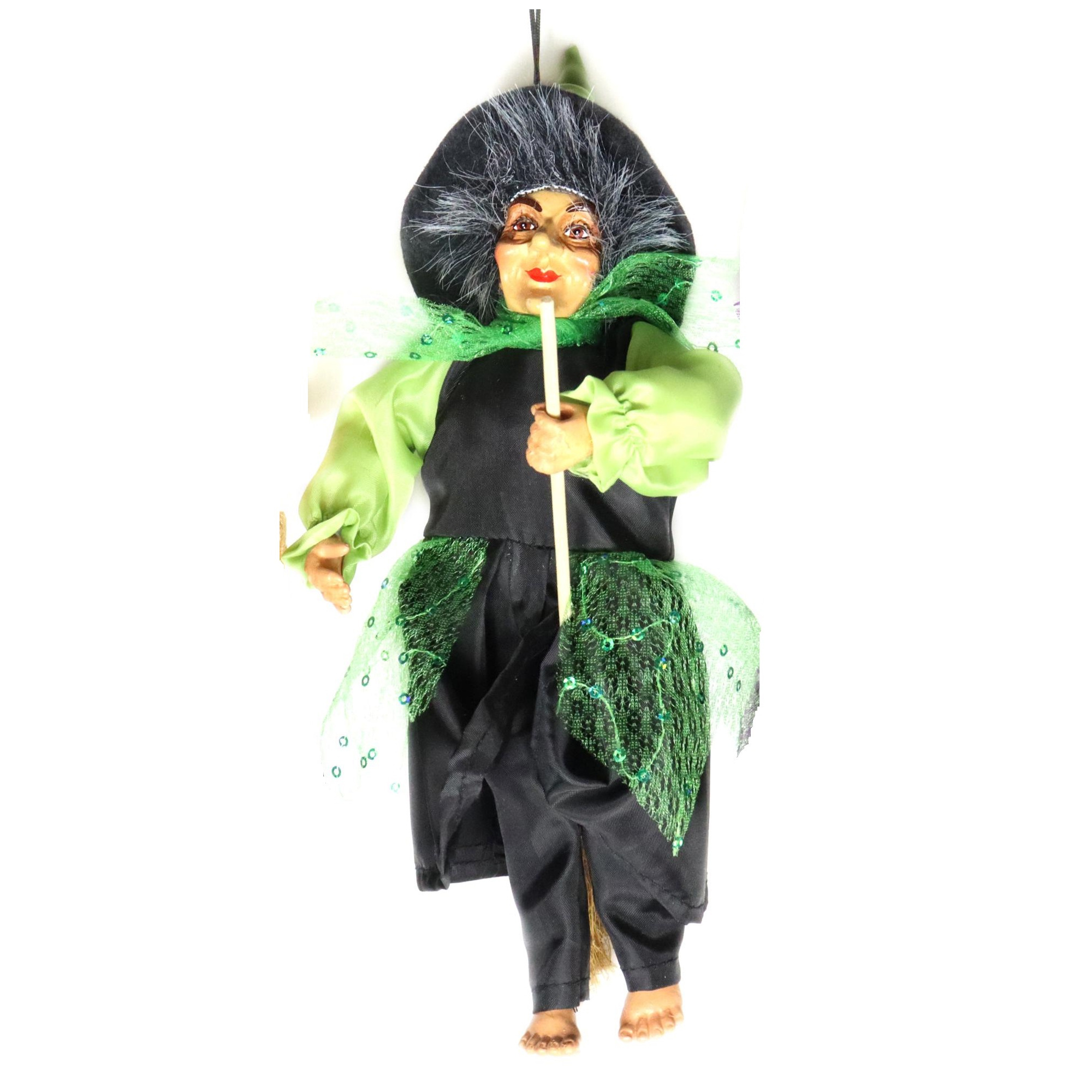 Halloween decoratie heksen pop vliegend op bezem 35 cm zwart-groen