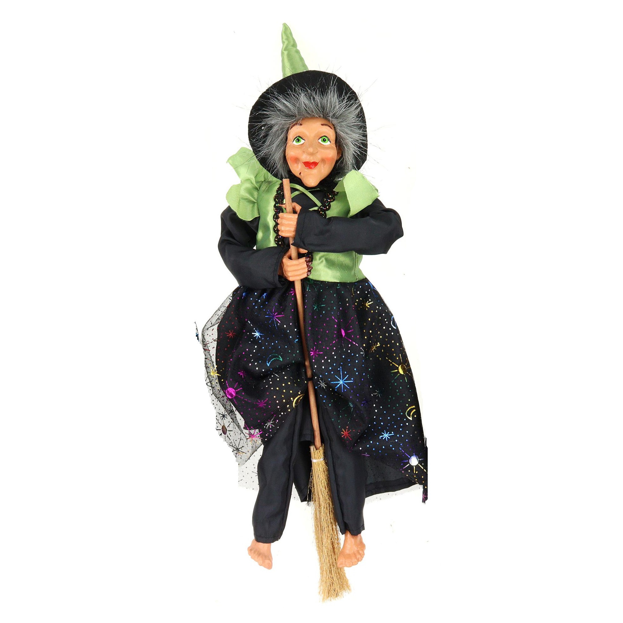 Halloween decoratie heksen pop vliegend op bezem 40 cm zwart-groen