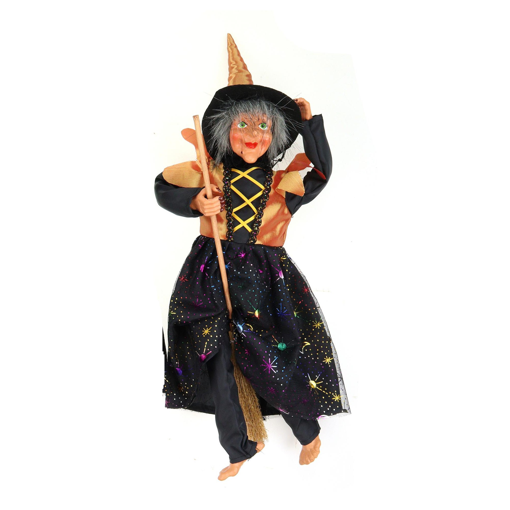 Halloween decoratie heksen pop vliegend op bezem 40 cm zwart-oranje