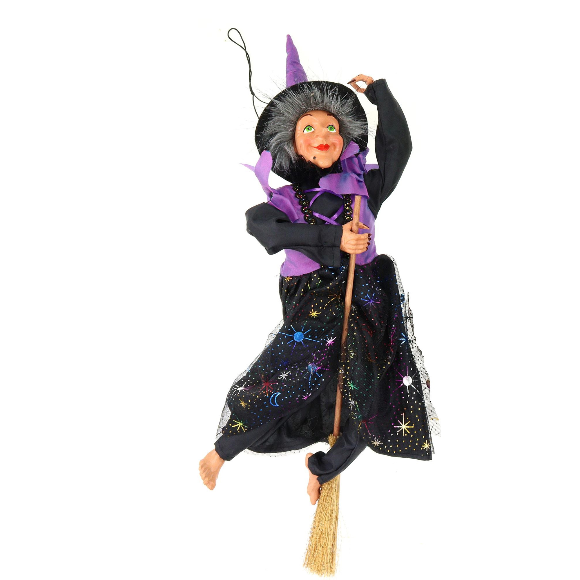 Halloween decoratie heksen pop vliegend op bezem 40 cm zwart-paars