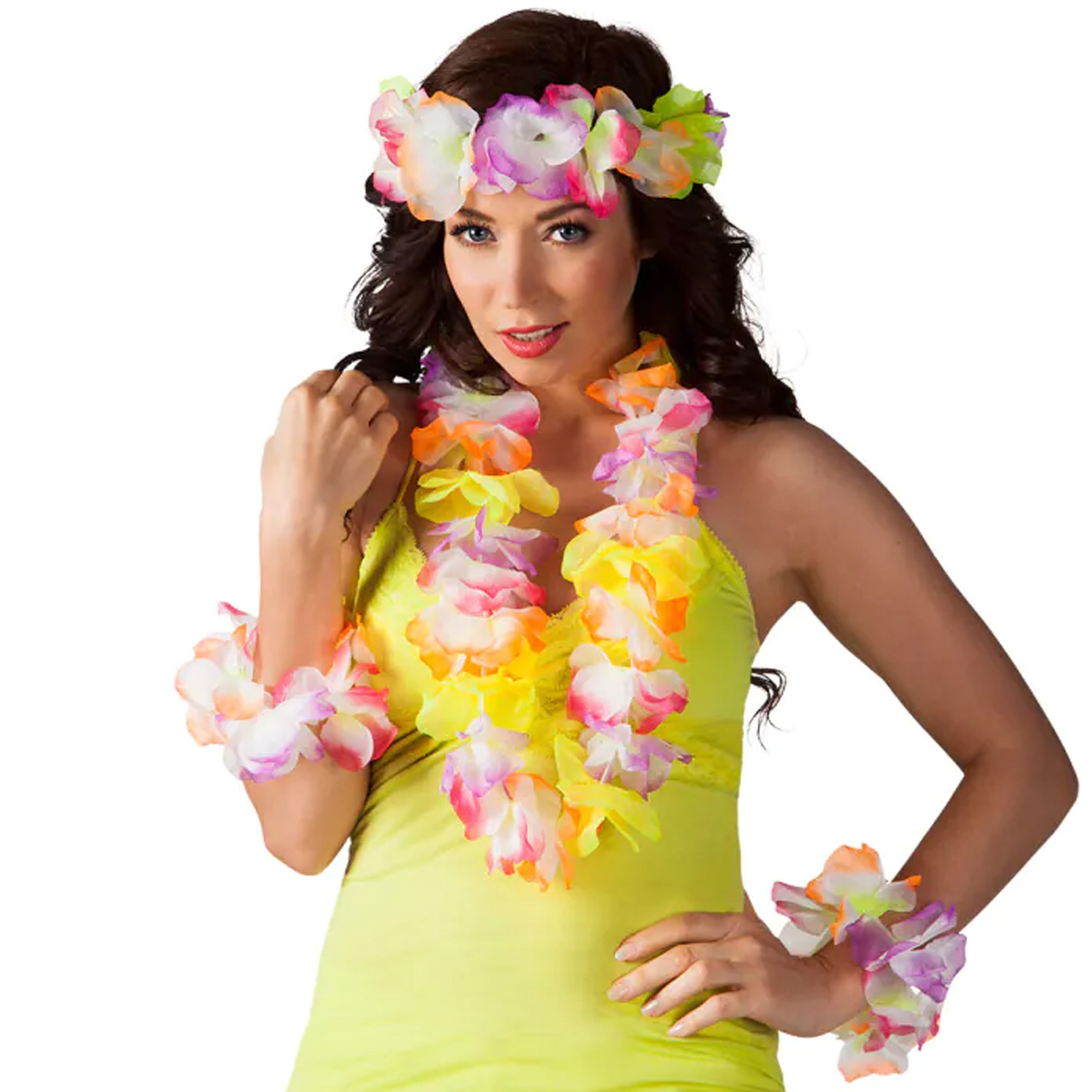 Hawaii krans-slinger set Tropische-zomerse kleuren mix geel Hoofd en hals slingers