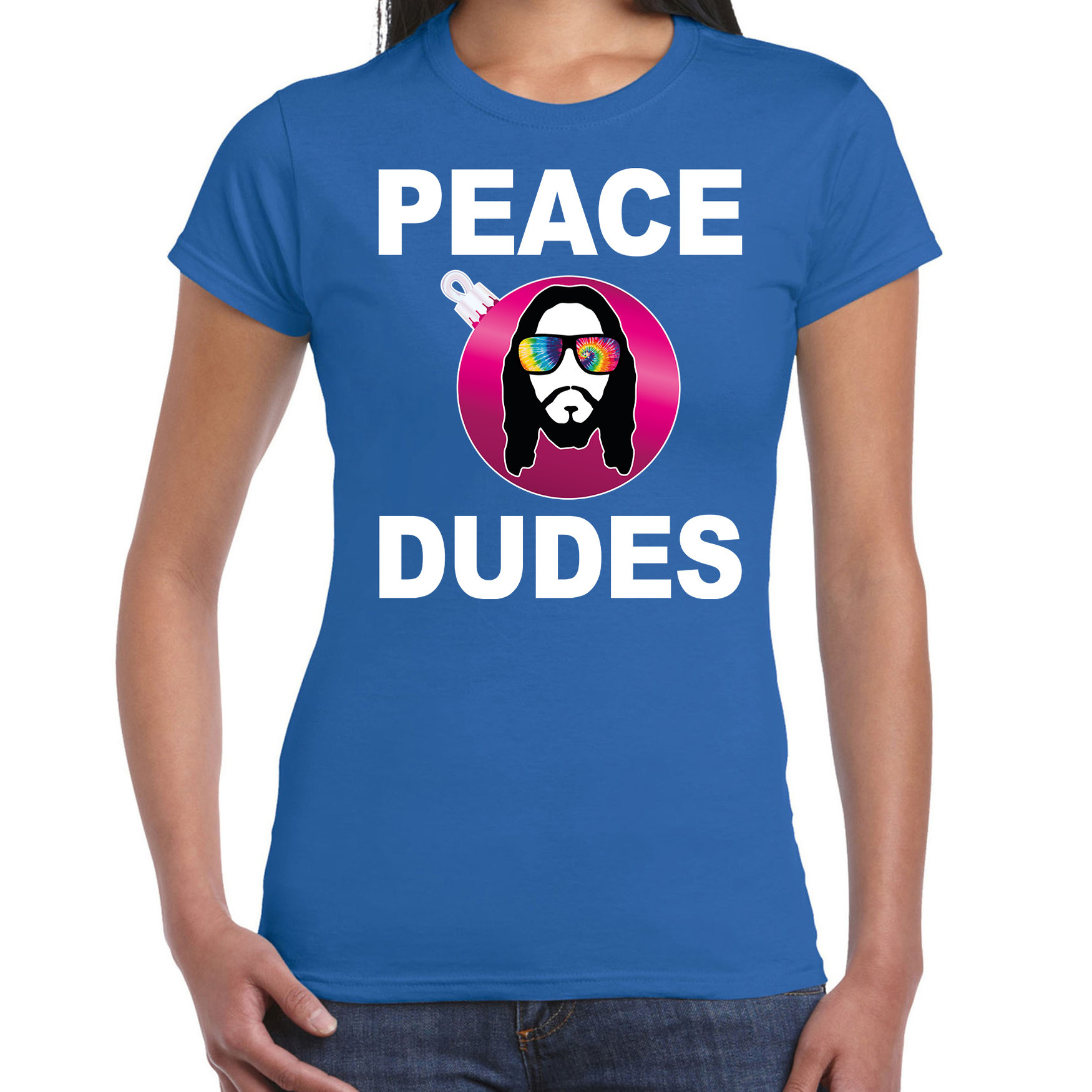 Hippie jezus Kerstbal shirt - Kerst outfit peace dudes blauw voor dames