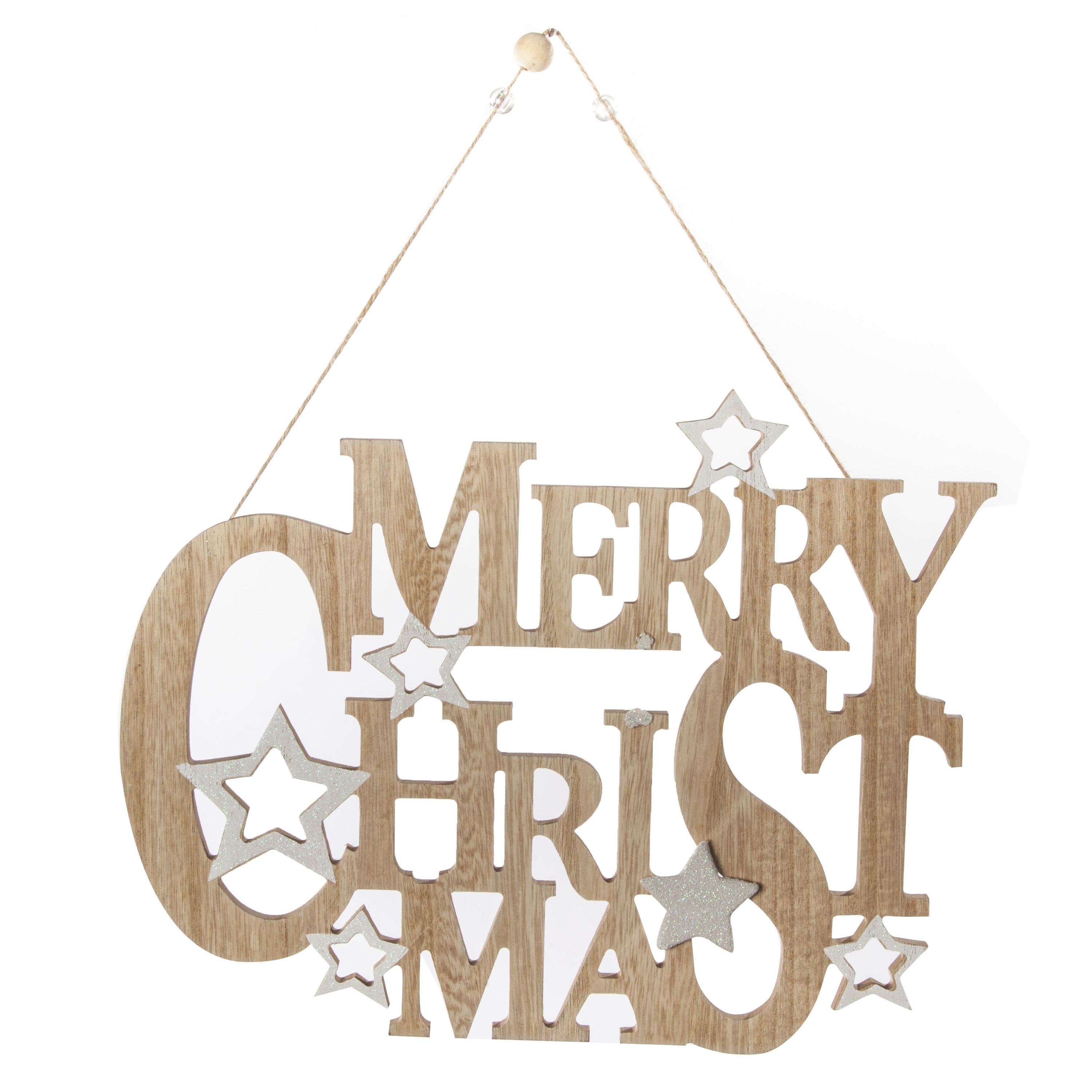 Houten kersthangers-hangdecoratie bordje Merry Christmas naturel 32 cm