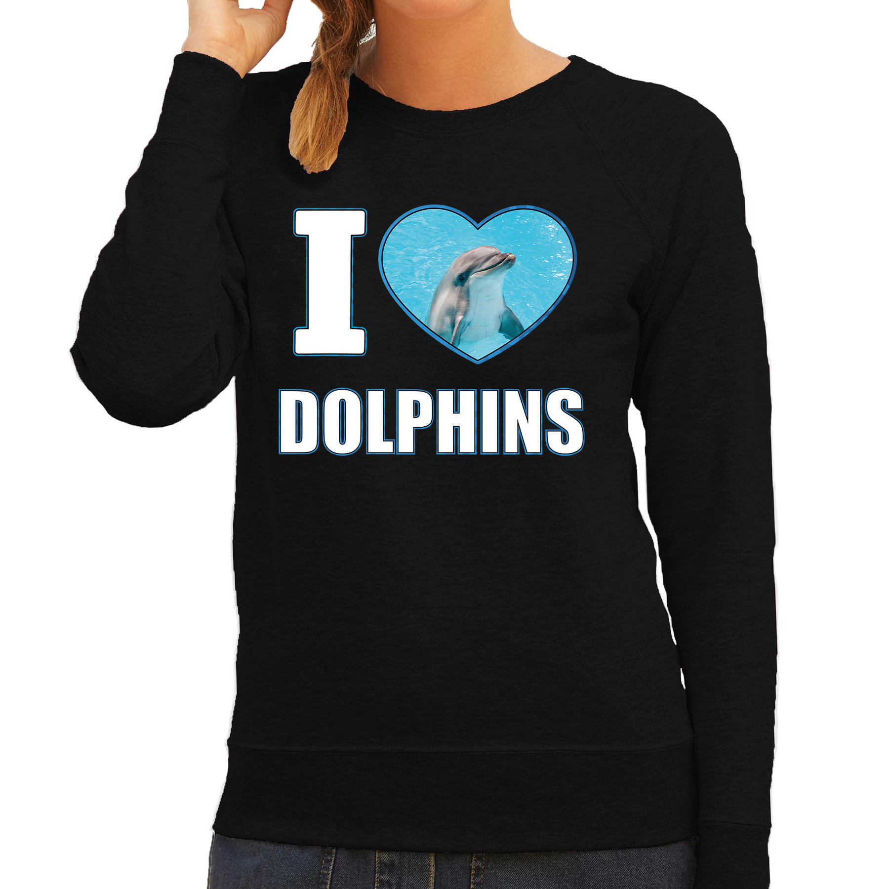 I love dolphins sweater / trui met dieren foto van een dolfijn zwart voor dames