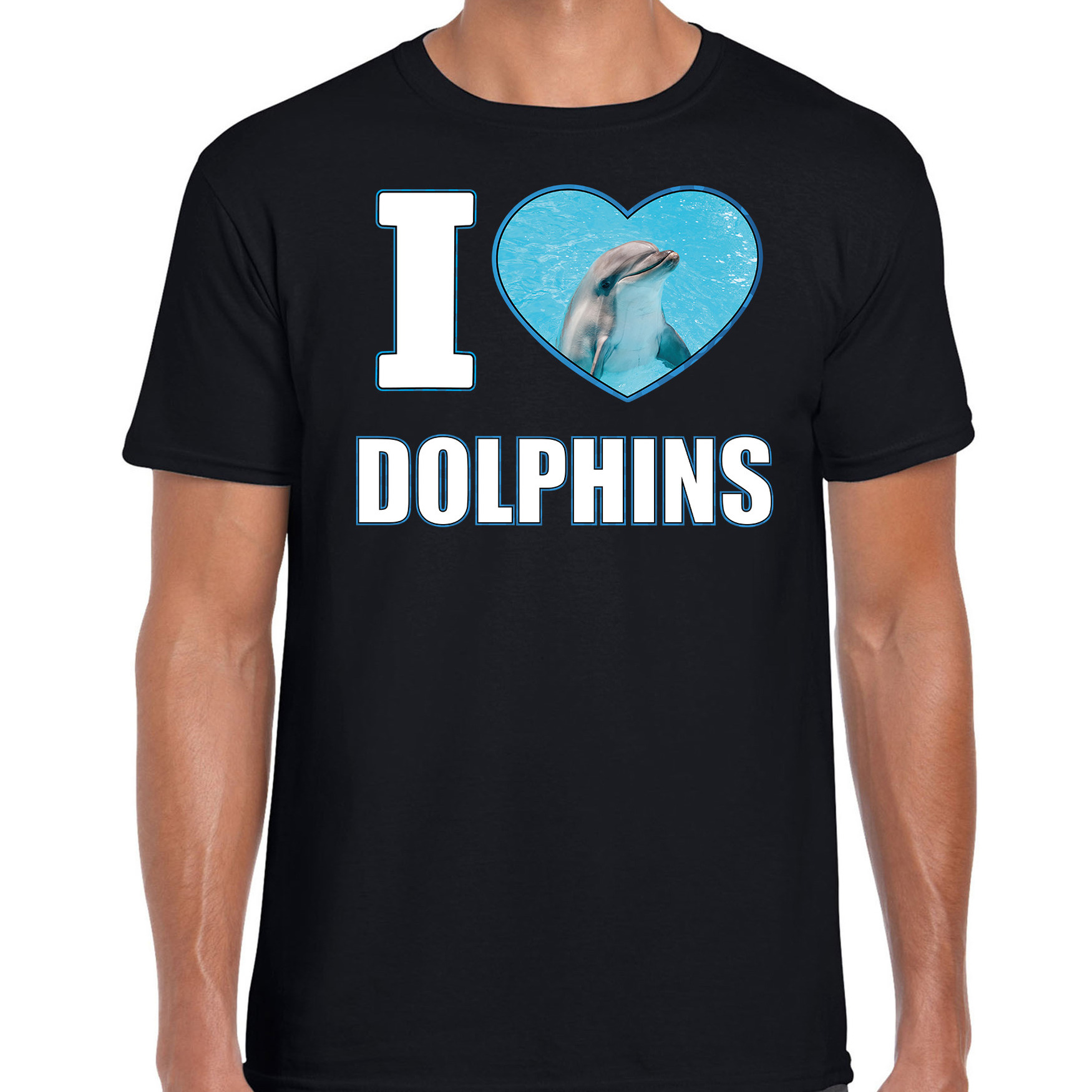I love dolphins t-shirt met dieren foto van een dolfijn zwart voor heren