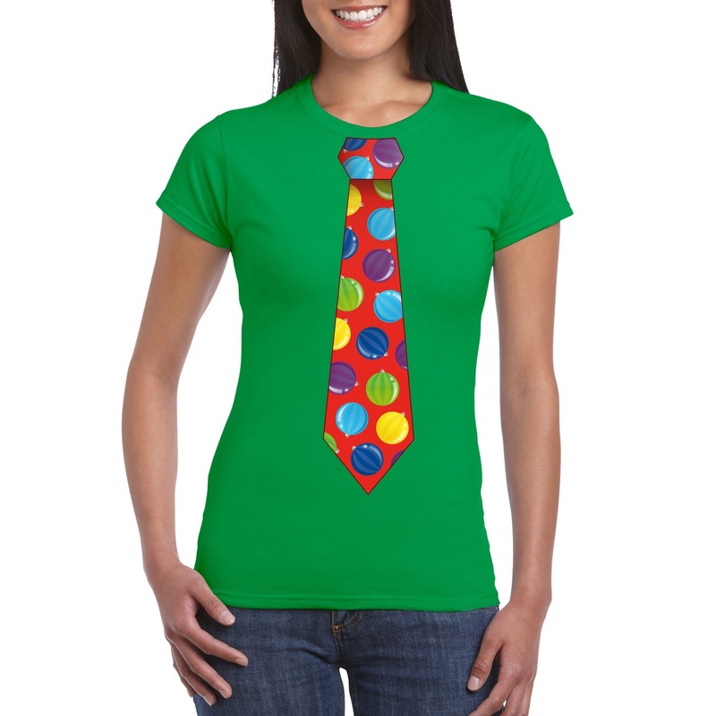 Kerst t-shirt stropdas met kerstballen print groen voor dames