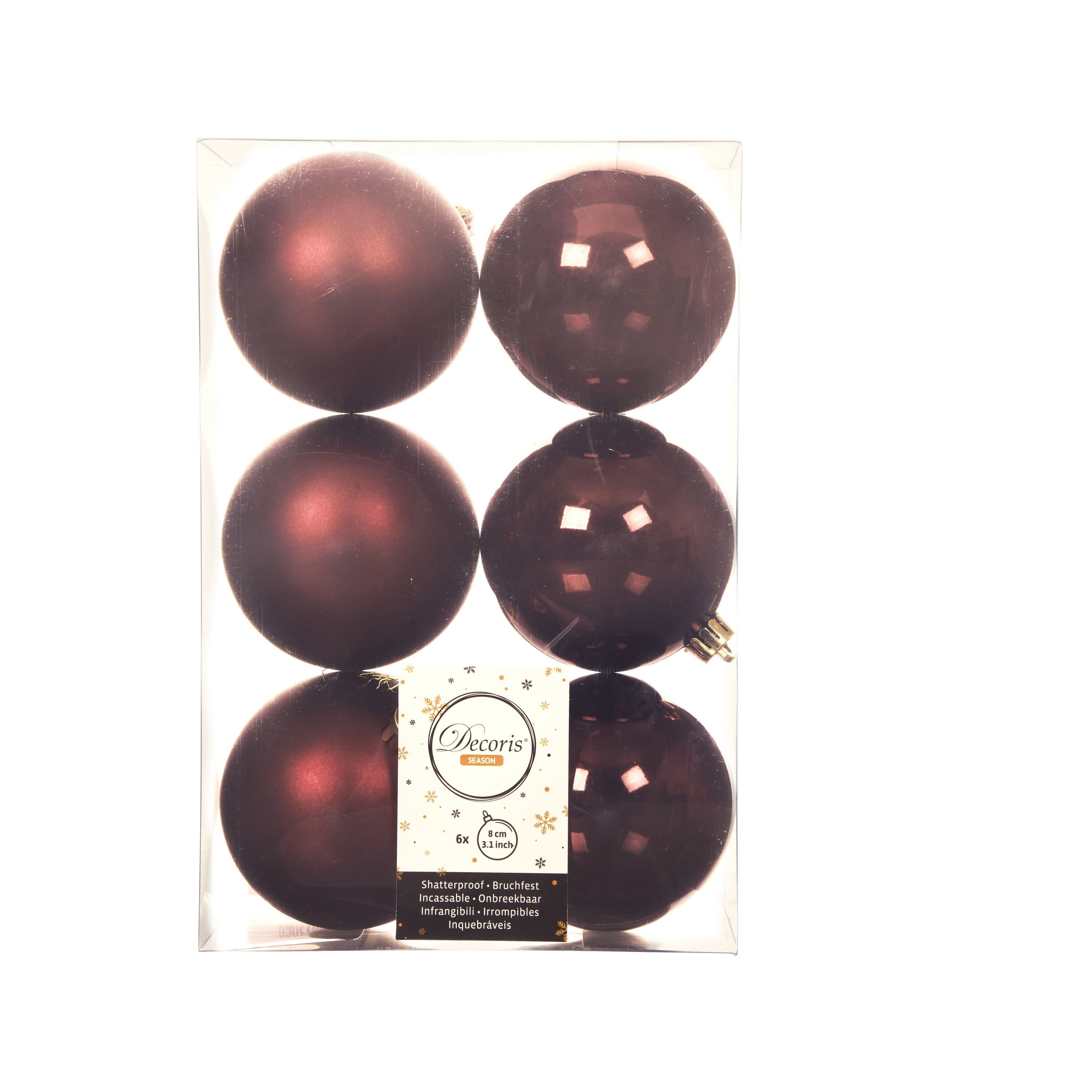 Kerstballen 6x st mahonie bruin 8 cm kunststof glans-mat kerstversiering