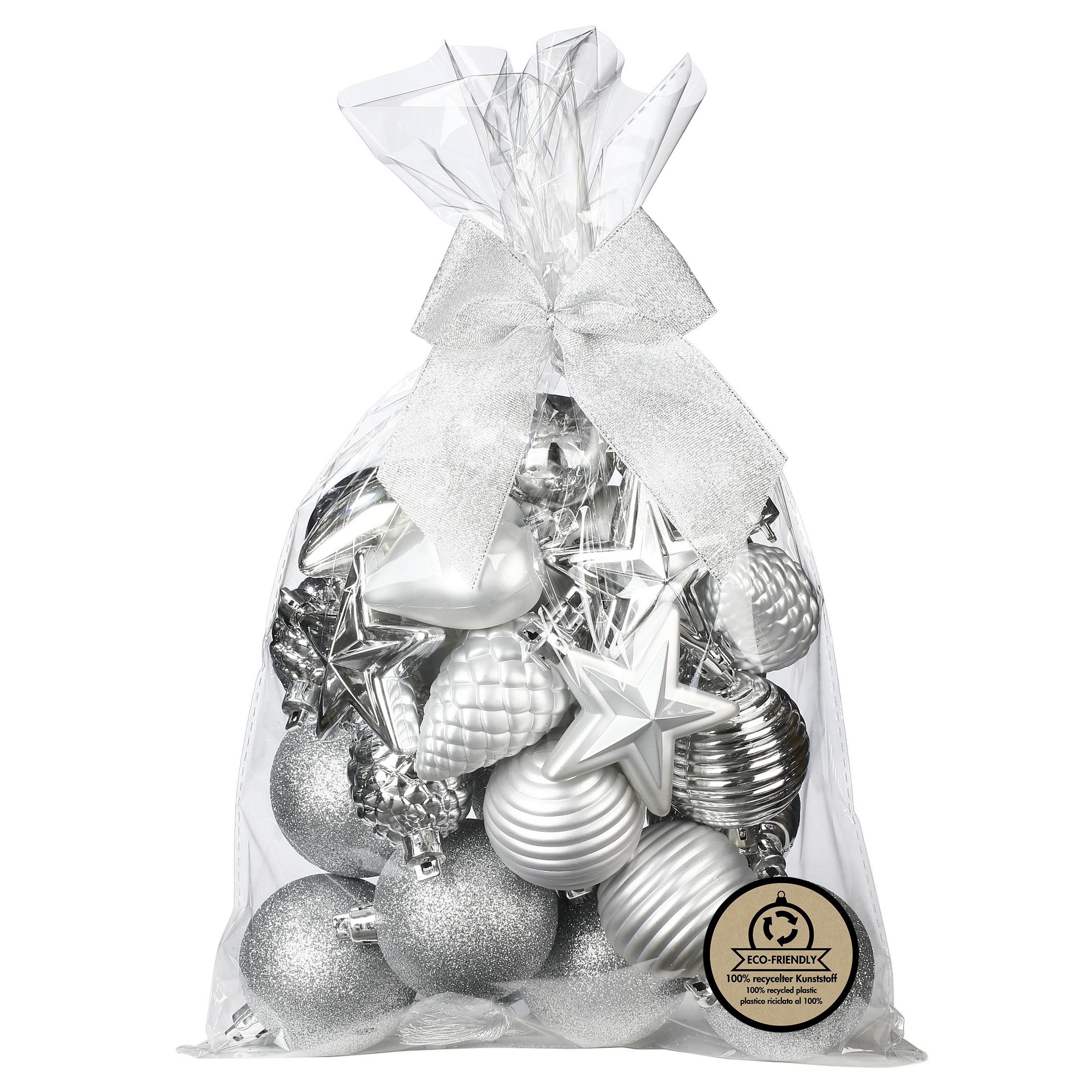 Kerstballen en ornamenten 30x kunststof zilver in giftbag