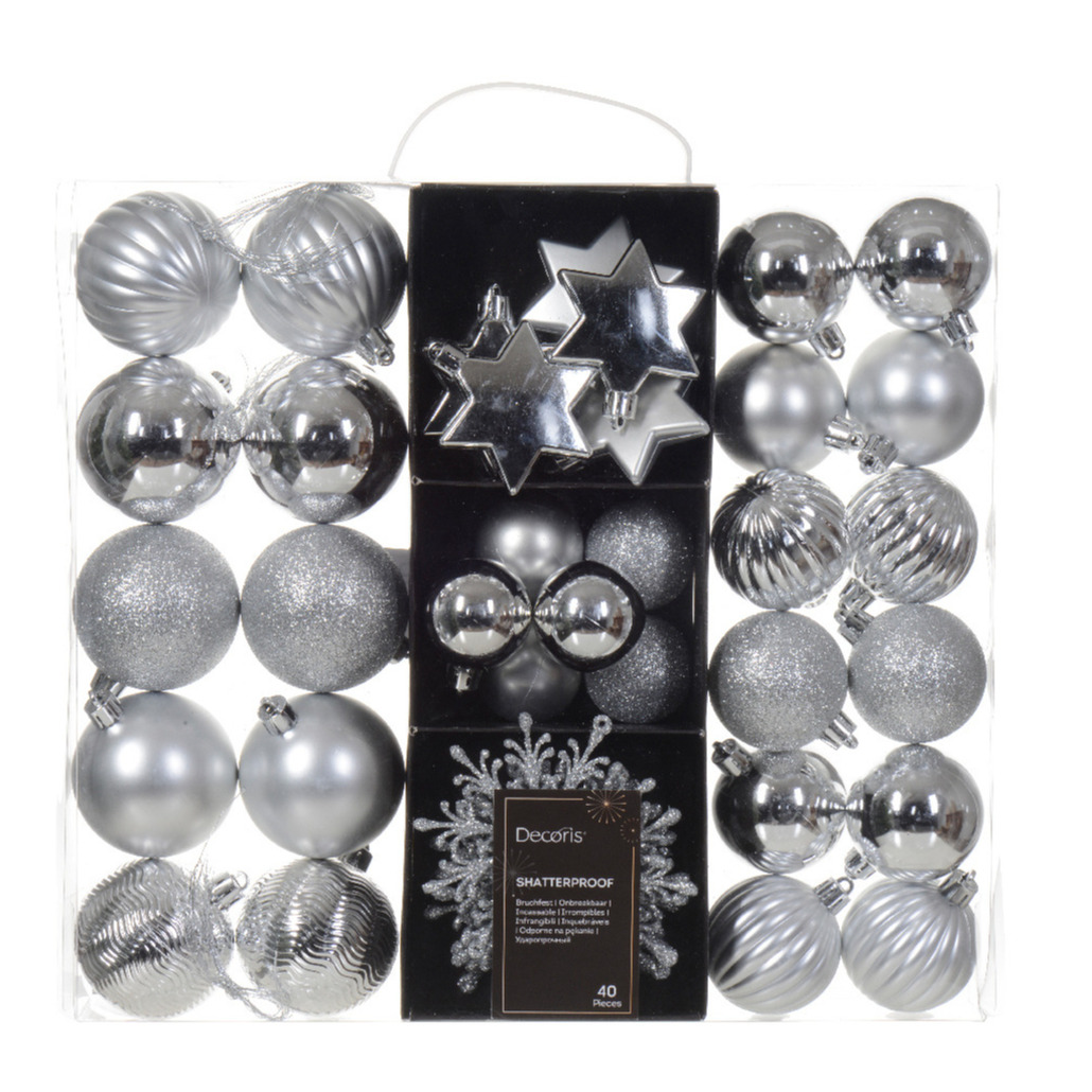 Kerstballen en ornamenten 40x kunststof zilver mix