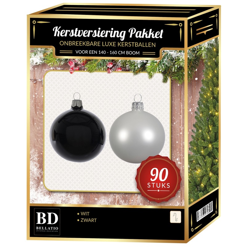 Kerstballen set kunststof 90-delig voor 150 cm boom wit-zwart