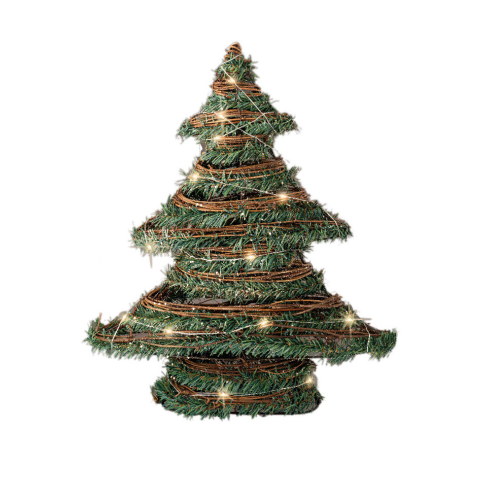 Kerstdecoratie rotan decoratie kerstboom groen met verlichting H40 cm