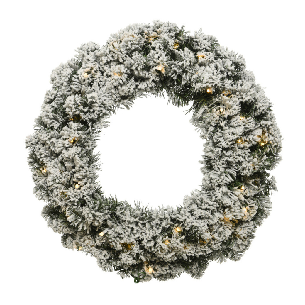 Kerstkrans-dennenkrans groen met sneeuw en warm witte verlichting met timer 35 cm