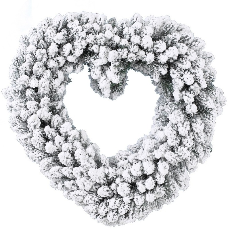 Kerstversiering kerstkrans hart met sneeuw deco 50 cm