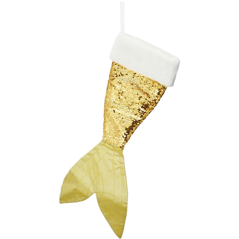 Kerstversiering kerstsok zeemeerminnen staart goud-wit 45 cm