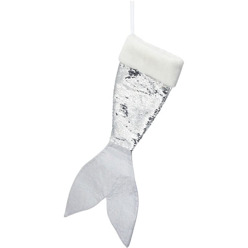 Kerstversiering kerstsok zeemeerminnen staart zilver-wit 45 cm