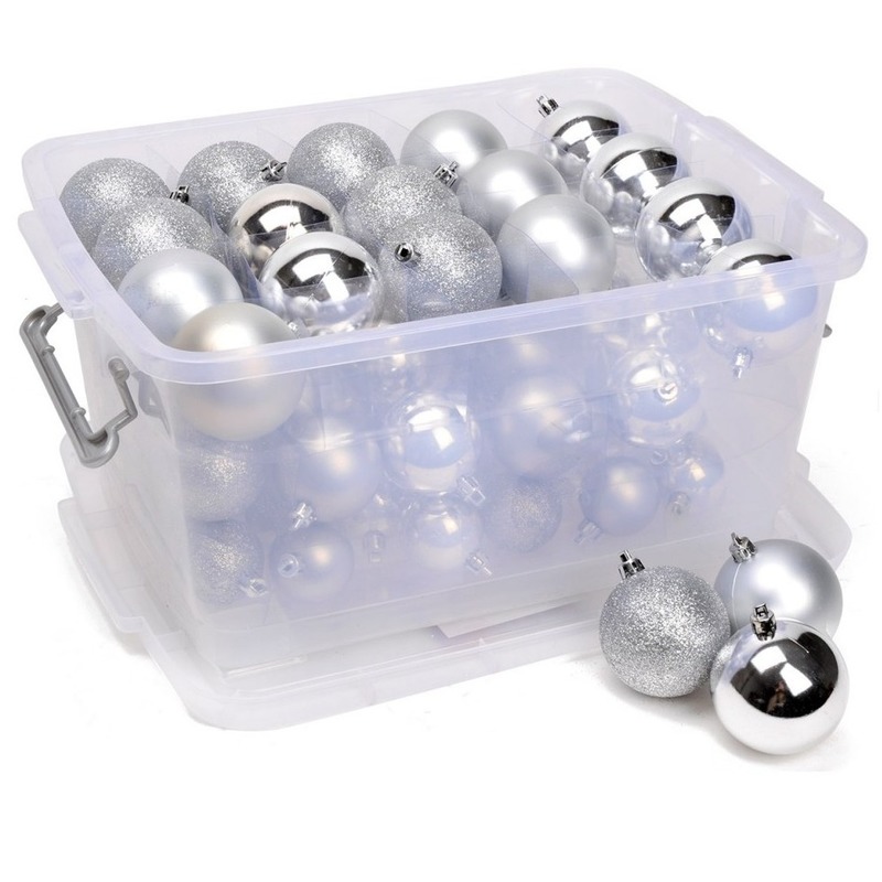 Kerstversiering opbergboxen met 70 zilveren kunststof kerstballen