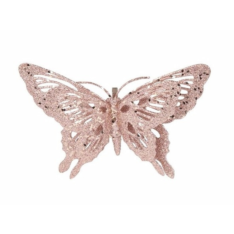 Kerstversiering vlinder roze-glitter 15 cm