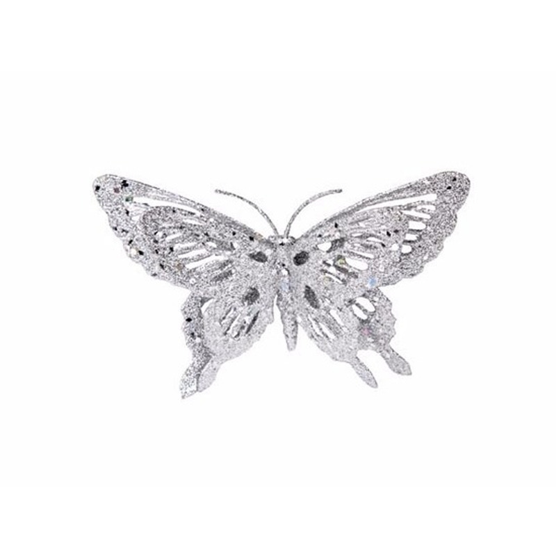 Kerstversiering vlinder zilver-glitter 15 cm