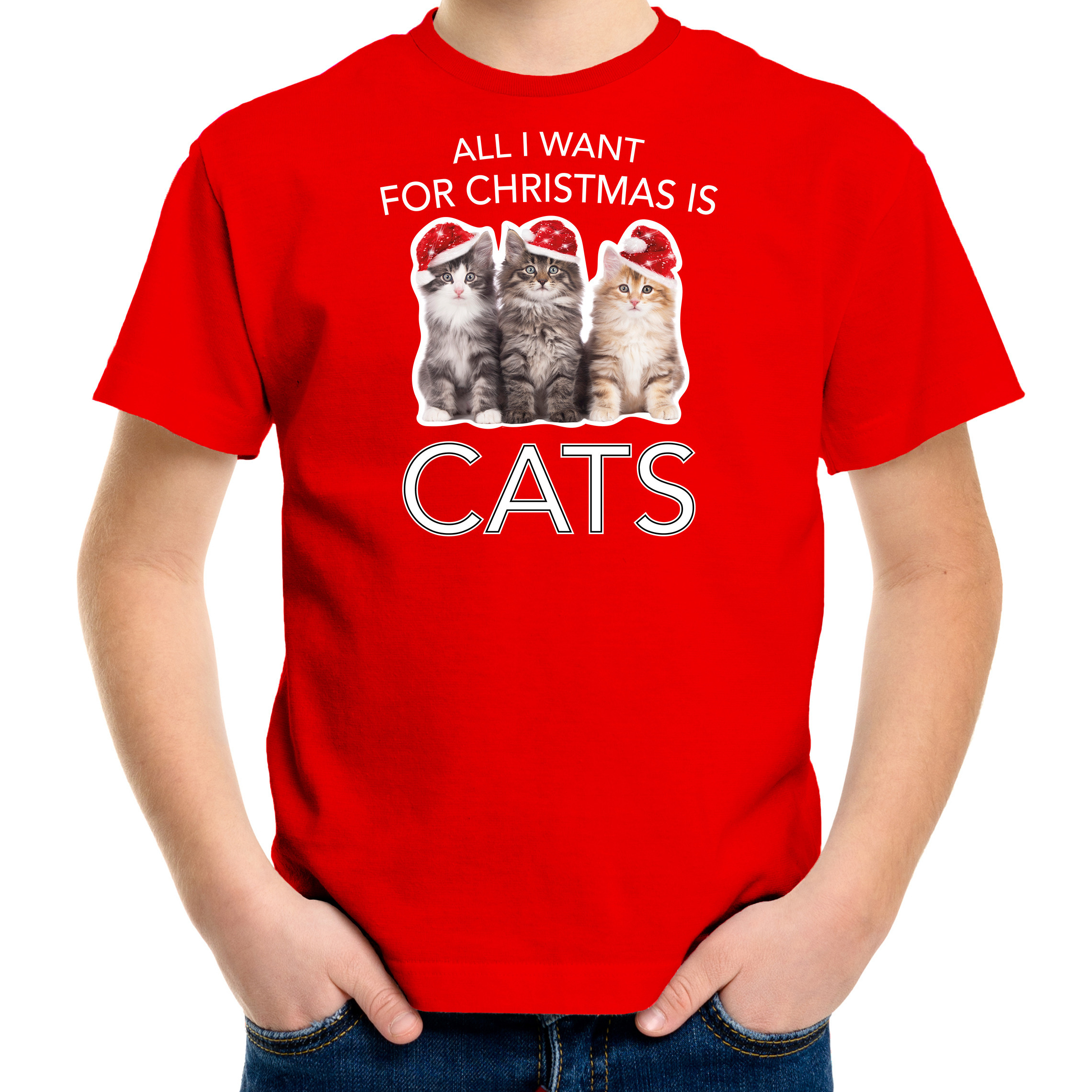 Kitten Kerst t-shirt - outfit All i want for Christmas is cats rood voor kinderen