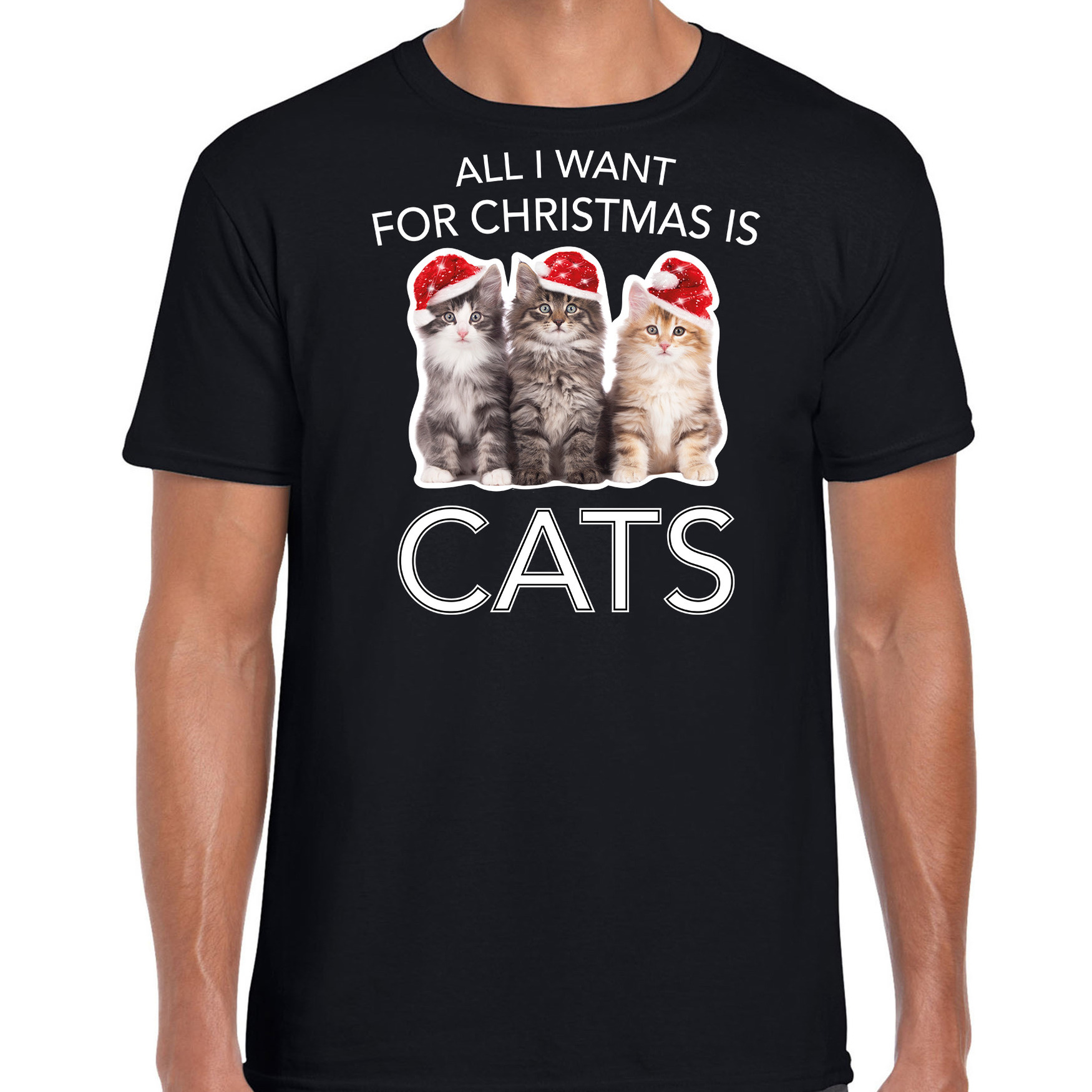 Kitten Kerst t-shirt - outfit All i want for Christmas is cats zwart voor heren